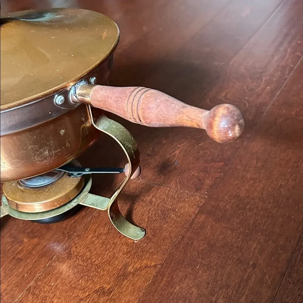 Vintage Brass Chafing Set, Copper with a Wooden Handle, Mid Century Modern